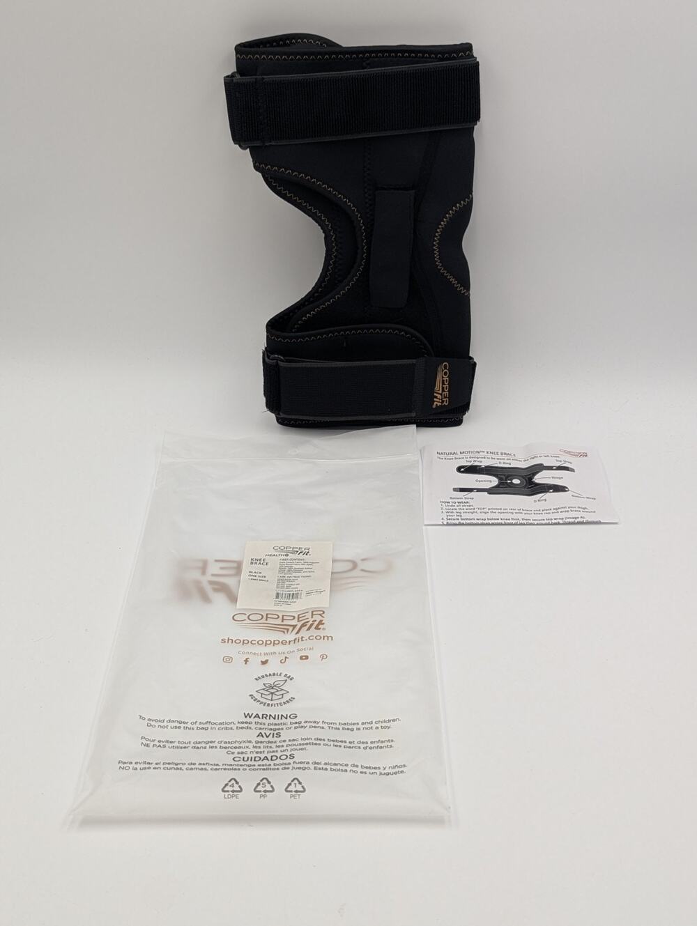 Copper Fit Health+ Adjustable Strap Black Knee Brace One Size Fits Most New